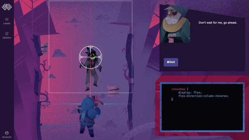 The Flexbox Zombies web game showing a character aiming a target at a zombie with CSS code in a text box alongside.