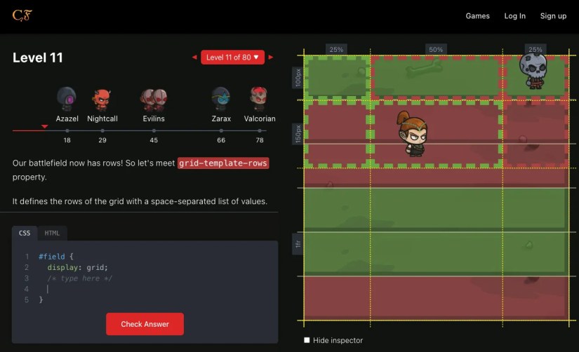 The CSS Grid Attack web game shows a playfield with annotated rows and columns alongside a text box for CSS entry.