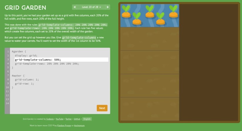 The CSS Grid Garden web game showing a brown field with five carrots in the top-left corner, instructions, and a text box with CSS code inside.