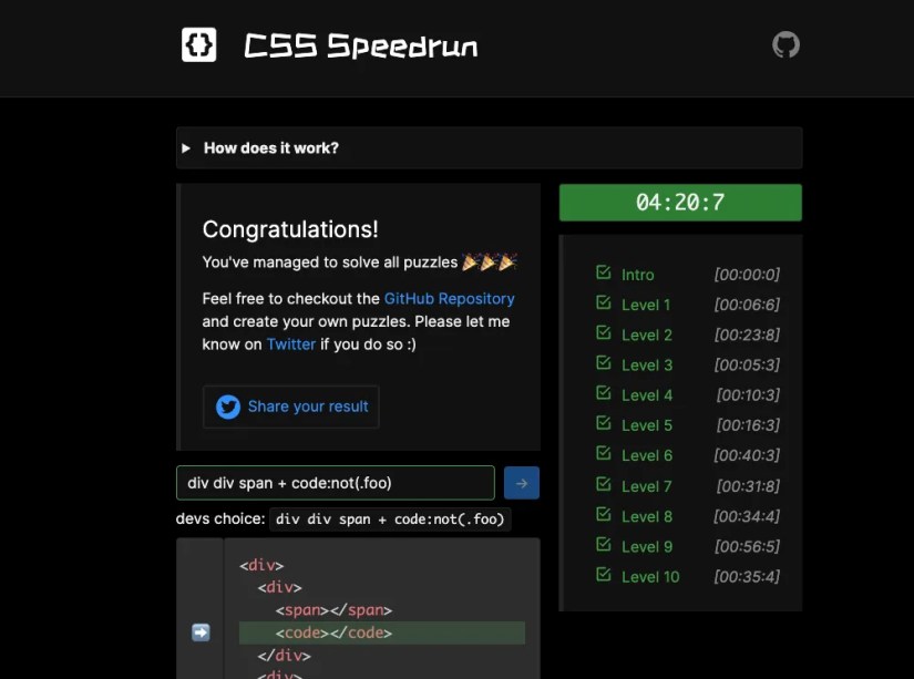 The CSS Speedrun web game displaying a congratulations message alongside timed results for ten levels.