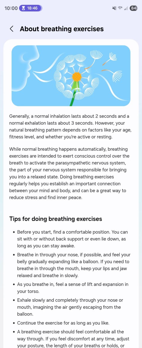 Details about breathing exercises within Samsung Health.