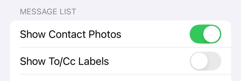 Disable Apple Mail contact photos in inbox view on iPhone.