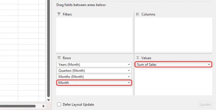 Excel&rsquo;s PivotTable Fields pane, with Month in the Rows box, and Sum Of Sales in the Values box.
