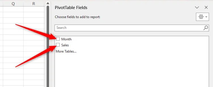 Excel&rsquo;s PivotTable Fields pane, with the Month and Sales fields on display, and their respective checkboxes highlighted.