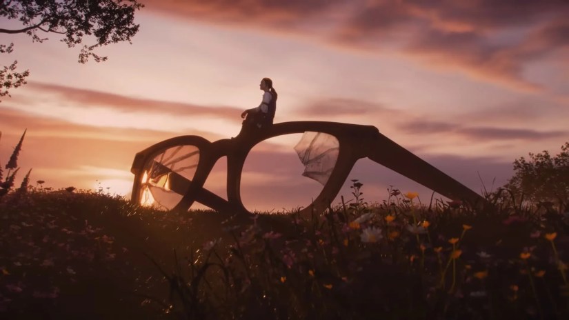 The hero from Fable sitting on top of a pair of giant glasses.