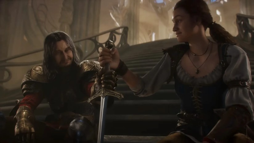 The Fable hero talking with Humphrey, a presumed ally in the game.