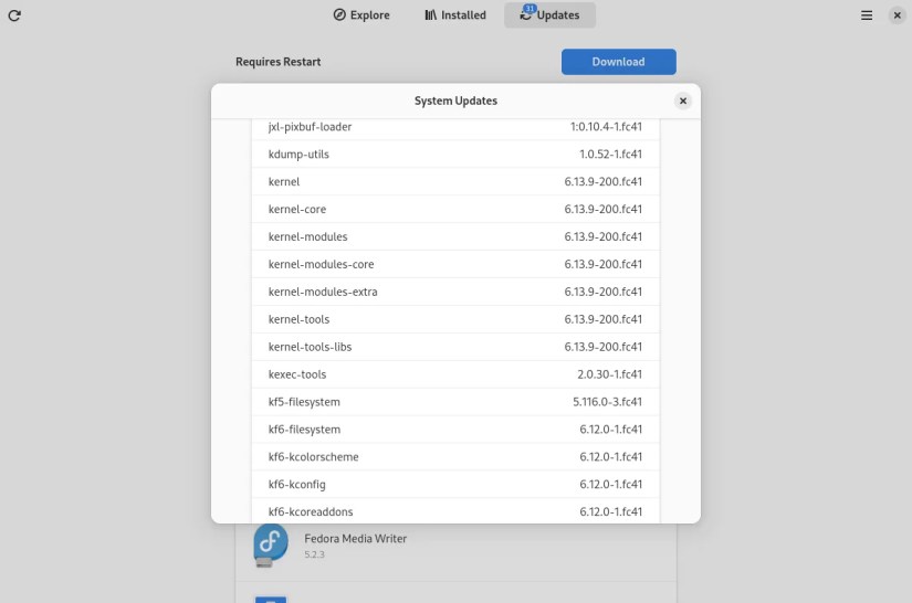 Fedora GNOME software showing available system updates