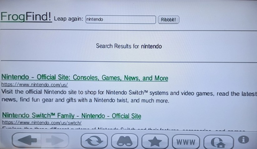 The Wii web browser showing search results from the FrogFind website.