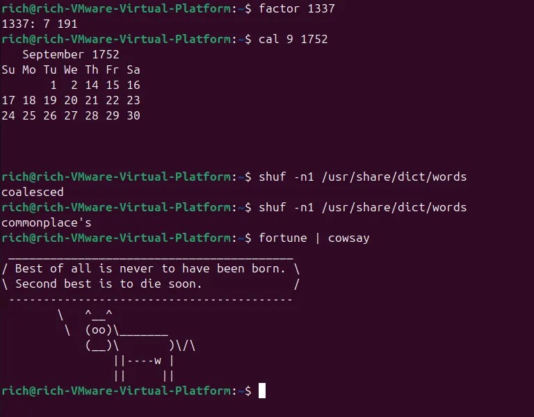 Screenshot of various Linux Easter egg commands executed in a terminal.