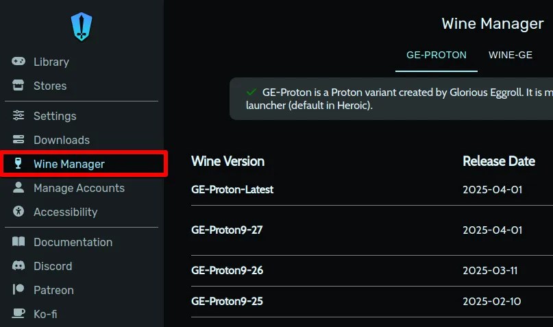 Heroic Games Launcher with a red rectangle around the Wine Manager menu option.