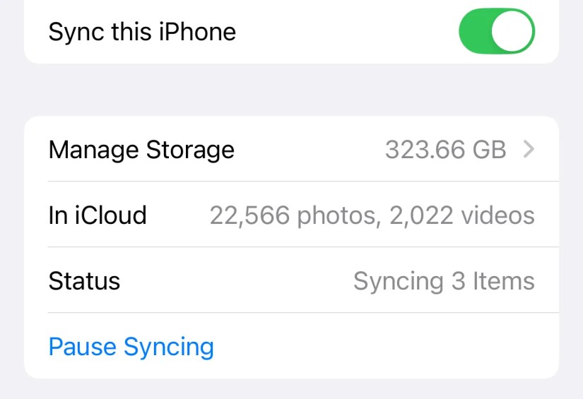 iCloud Photos Library enabled in iCloud settings.