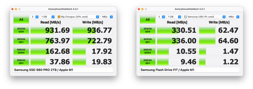 AmorphousDiskMark showing two disk benchmarks.