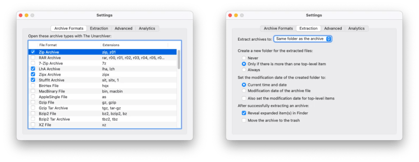 Settings menus in The Unarchiver.