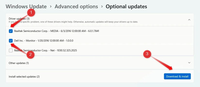 Installing optional updates in the Windows Settings app.