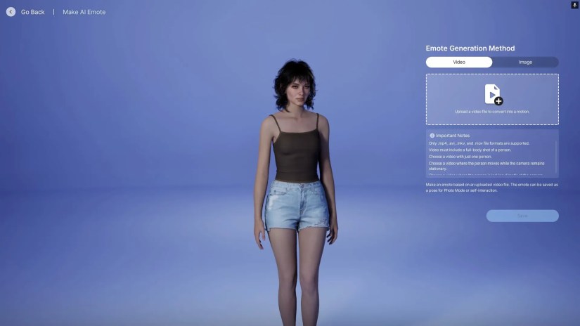 Inzoi player with ai pose waiting for an input.