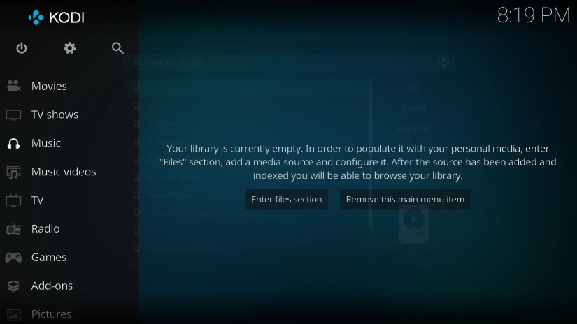 The Kodi user interface.
