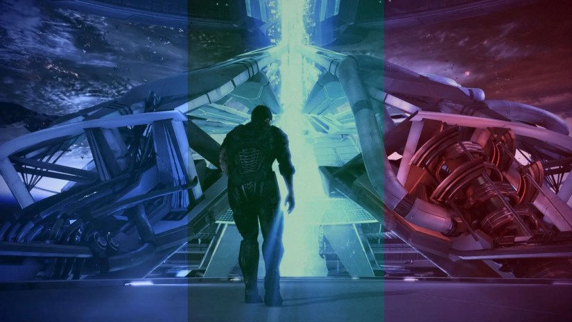 A screenshot of he final 3 choices represented by color in Mass Effec 3