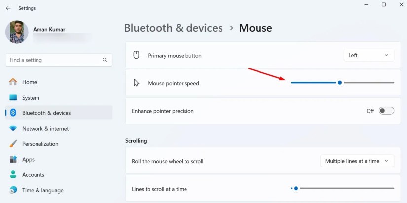 Mouse Pointer Speed toggle slide in the Settings app.