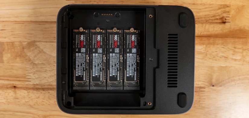 Multiple NVMe SSDs in an enclosure.