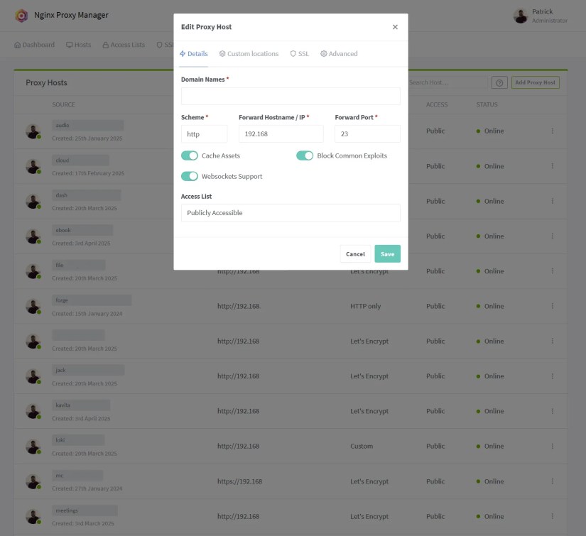 Setting up a new host in Nginx Proxy Manager&rsquo;s web UI.