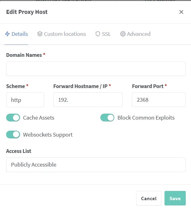 The configuration options for the Nginx Proxy Manager setup for a Ghost blog.