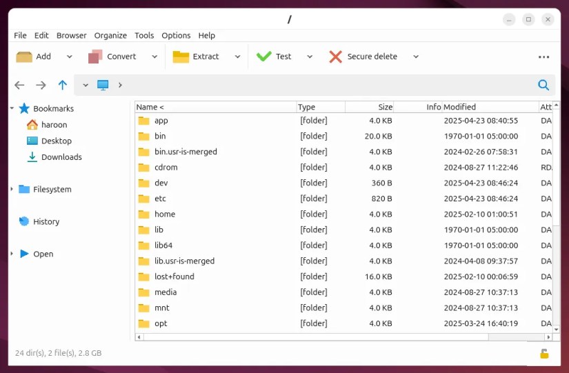 PeaZip main interface window on Ubuntu.