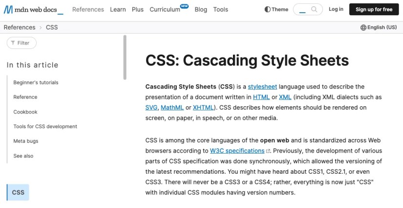 The Cascading Style Sheets section from the MDN website begins by explaining that CSS describes the presentation of a document written in HTML.