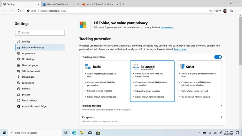 Screenshot of Microsoft Edge privacy settings showing tracking prevention options: Basic, Balanced, and Strict, with descriptions.