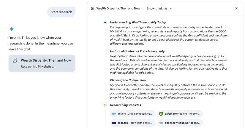 Real-time thinking during Deep Research in Google Gemini.