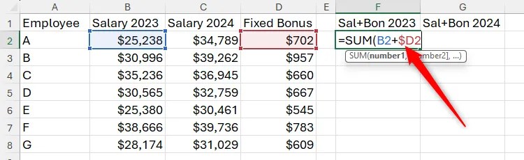 Reference to cell D2 in an Excel formula is changed to a mixed reference where the column reference (D) is fixed.