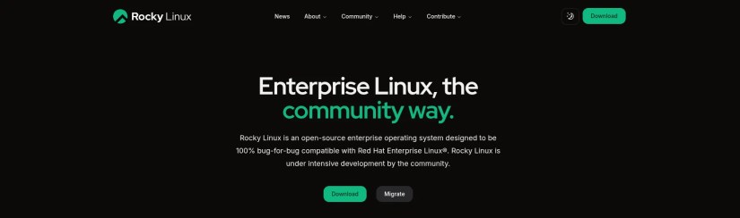 A screen capture of the Rocky Linux website home page