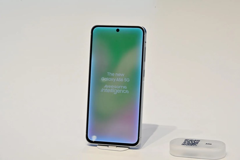 Samsung Galaxy A56 put on a stand showing its display