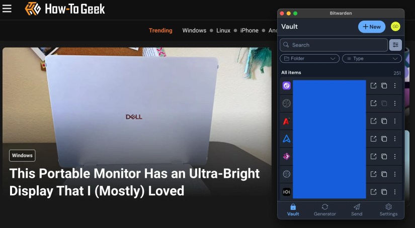 A screenshot showing Bitwarden browser extension working in a separate window.