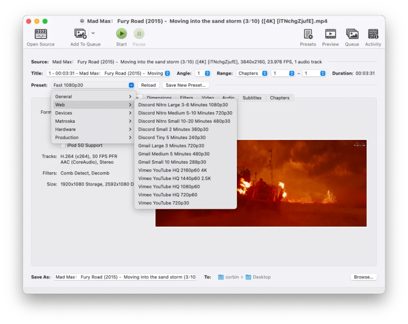 HandBrake converting a video to another format.
