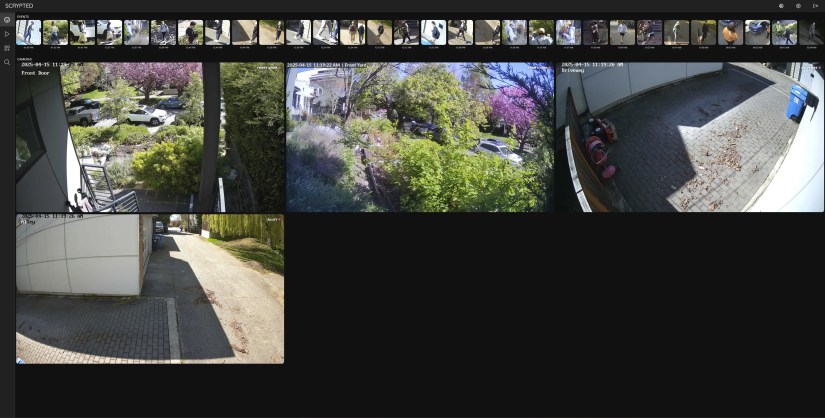 The self-hosted Scrypted NVR app&rsquo;s user interface showing four cameras.