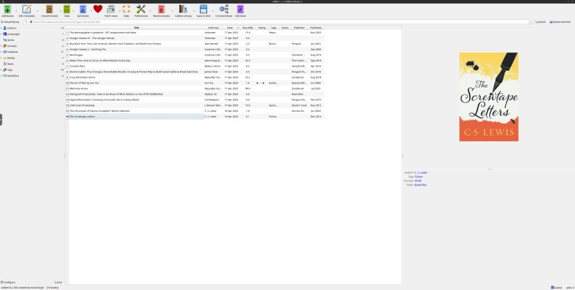 The Calibre backend interface showing several books imported into the library.