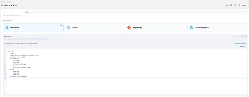 The Portainer admin interface with the settings needed to launch the Calibre Docker container.