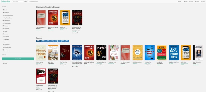 The Calibre Web interface on a desktop showing several books available to be read.