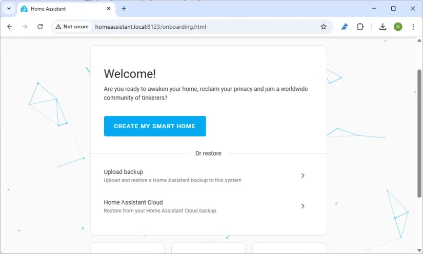 The Home Assistant startup page.