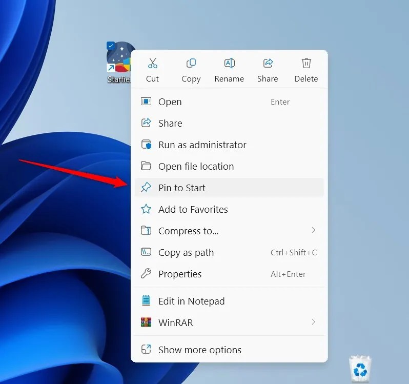 An icon with the right-click menu expanded and &ldquo;Pin to Start&rdquo; highlighted.