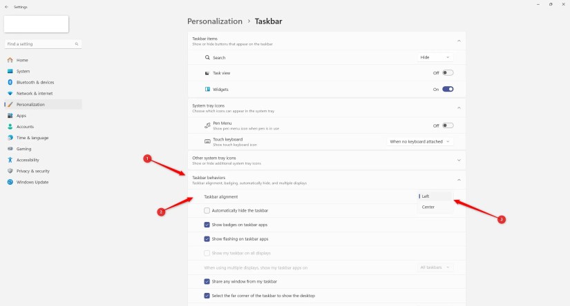 The Taskbar Personalization settings in Windows 11.