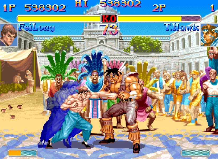 A match between Fei Long and T. Hawk in Super Street Fighter 2 Turbo.