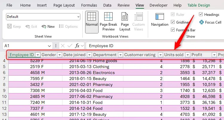 The column header letters in an Excel spreadsheet are replaced by the table column headers.