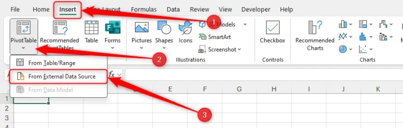 The From External Data Source option in the PivotTable drop-down menu of the Insert tab on Excel&rsquo;s ribbon.
