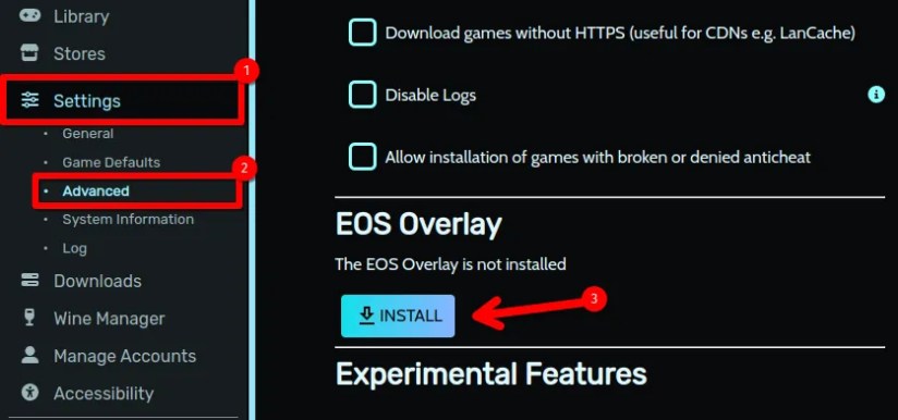 The Heroic Games Launcher with highlights around the Settings, Advanced, and EOS Overlay install buttons.