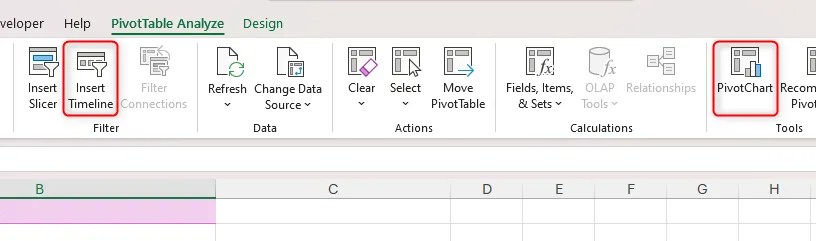 The Insert Timeline and PivotChart buttons in the PivotTable Analyze tab on Excel&rsquo;s ribbon.