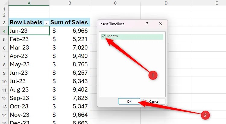 The Month field in Excel&rsquo;s Insert Timelines dialog box is checked, and the OK button is selected.