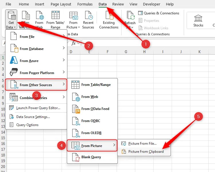 The Picture From Clipboard option in Microsoft Excel&rsquo;s Get Data drop-down menu in the Data tab on the ribbon.