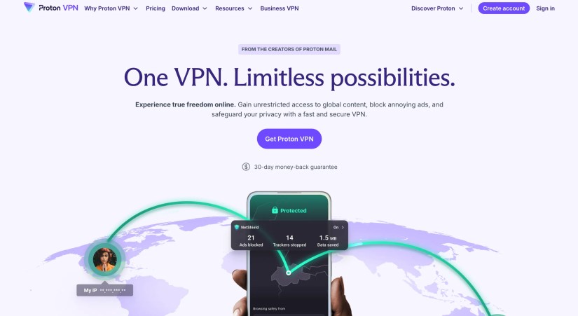 The ProtonVPN home page.