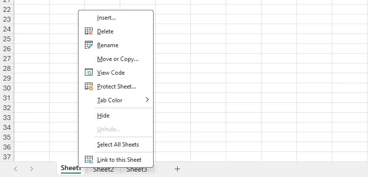 The right-click menu is expanded on a worksheet tab in Microsoft Excel.